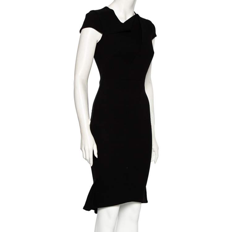 Pre Owned Roland Mouret Black Crepe Asymmetrical Neck Detailed Midi Dress S