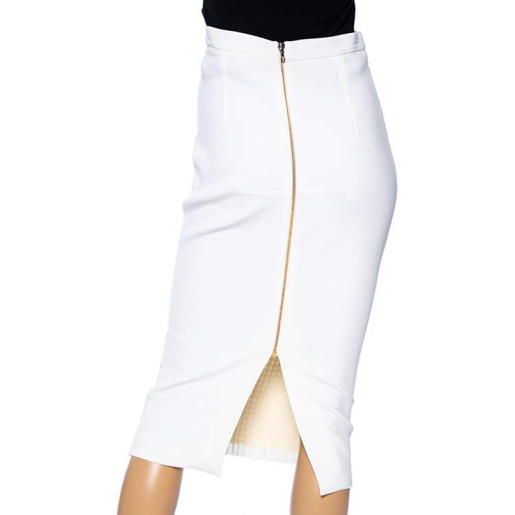 Pre Owned Roland Mouret White Lattice Weave Arreton Pencil Skirt M