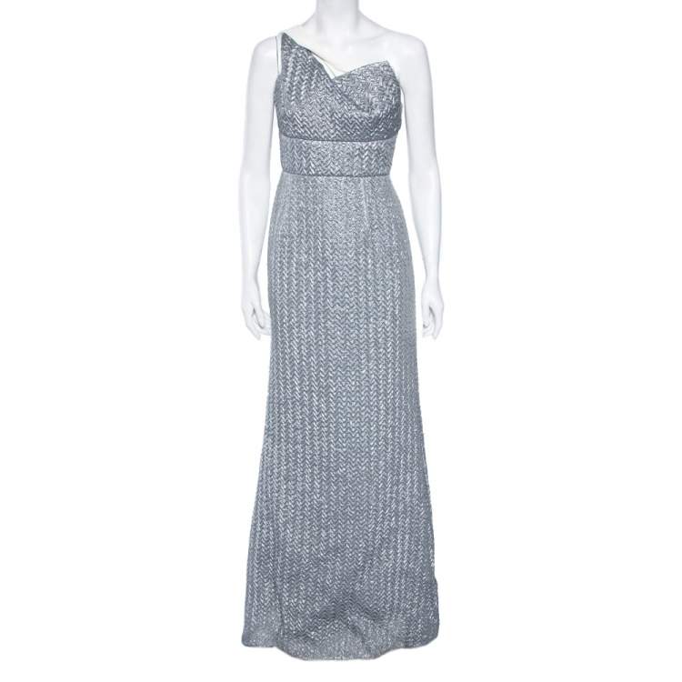 Roland Mouret Silver Silk Knit One Shoulder Maxi Dress M Roland