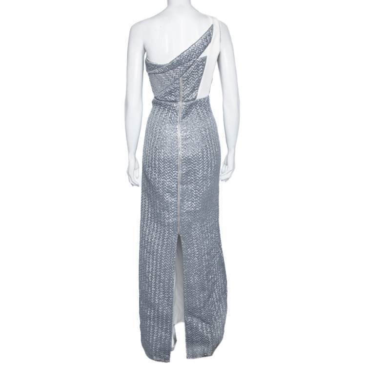 Pre Owned Roland Mouret Silver Silk Knit One- Shoulder Maxi Dress M