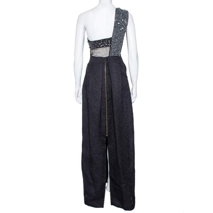 Pre Owned Roland Mouret Black Embellished Silk One-Shoulder Cocktail Gown M 