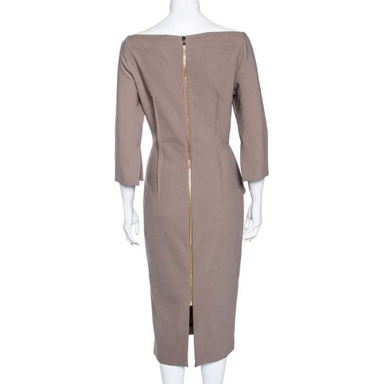 Pre Owned Roland Mouret Taupe Crepe Overlay Detailed Midi Dress L
