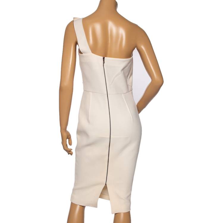Pre Owned Roland Mouret Cream Wool One-Shoulder Midi Dress M 