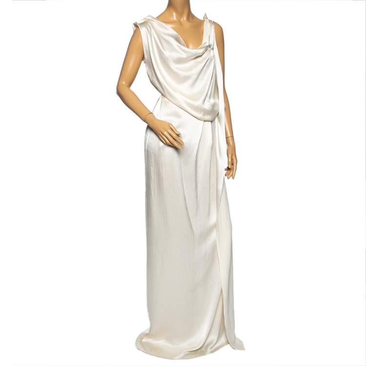 Pre Owned Roland Mouret Cream Textured Silk Draped Maxi Dress M