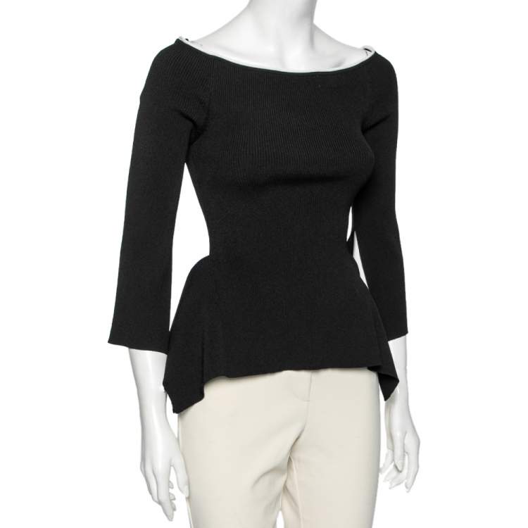 Pre Owned Roland Mouret Black Rib Knit Off Shoulder Long Sleeve Top M