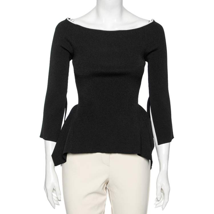 Pre Owned Roland Mouret Black Rib Knit Off Shoulder Long Sleeve Top M