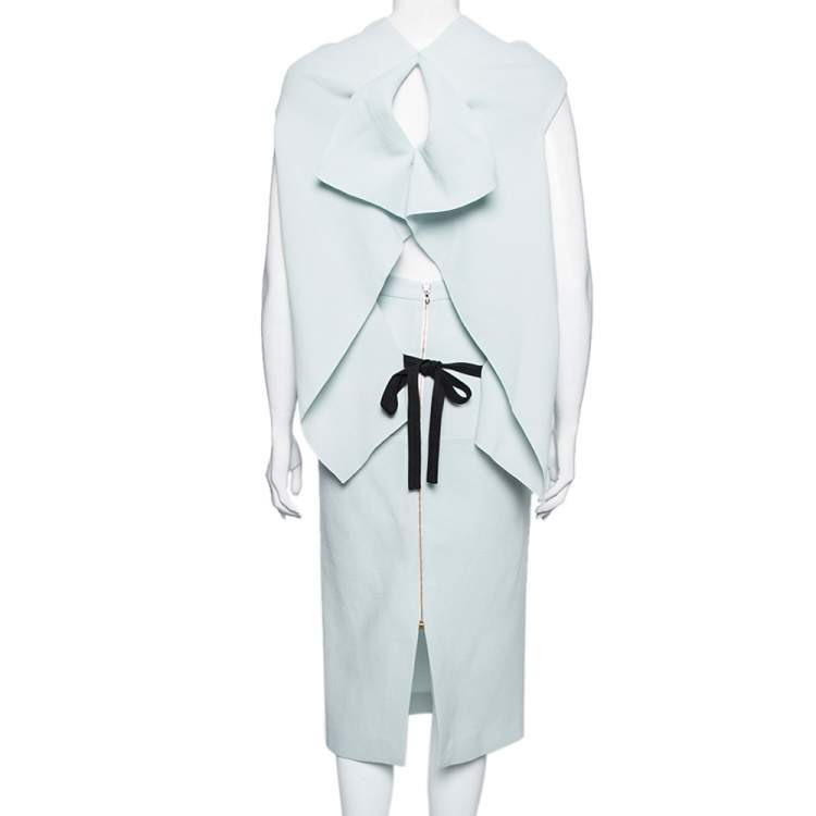 Pre Owned Roland Mouret Mint Green Wool Back Ruffle Detailed Top Skirt Suits M