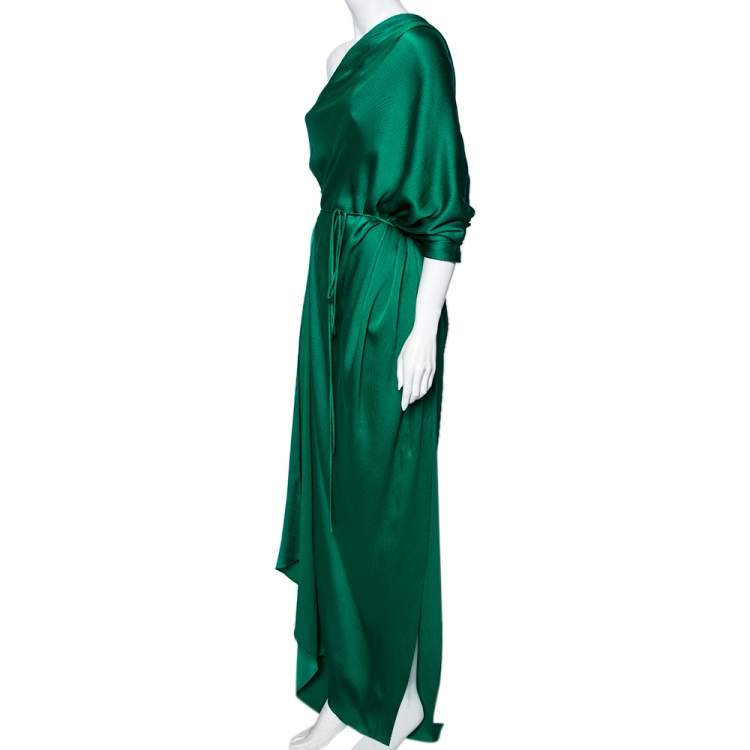 Pre Owned Roland Mouret Green Textured Silk Draped Side Slit Dresses S