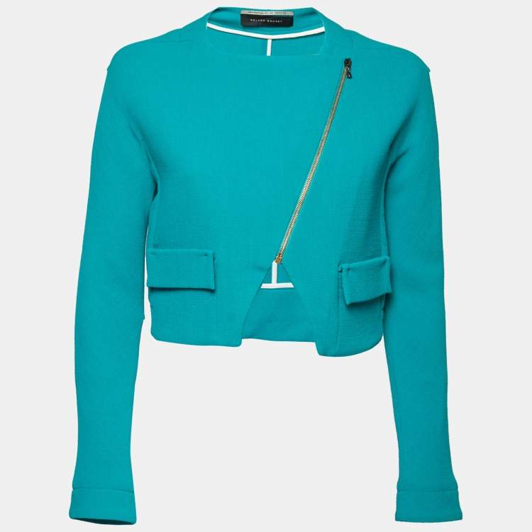 Pre Owned Roland Mouret Turquoise Blue Wool Zip Front Cropped Jacket M