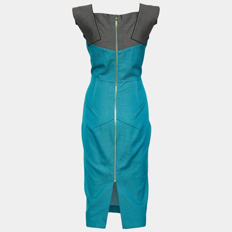 Pre Owned Roland Mouret Turquoise Blue Cotton & Wool Paneled Sheath Dress M