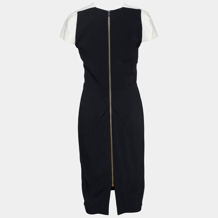 Pre Owned Roland Mouret Monochrome Stretch Crepe V Neck Sheath Dress M