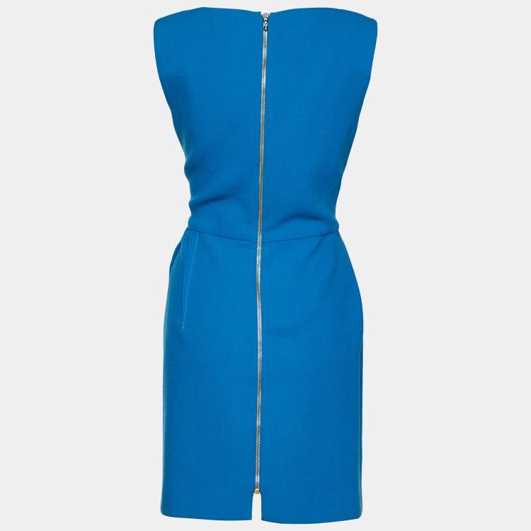 Pre Owned Roland Mouret Blue Wool Crepe Pleat Detail Shift Dress L