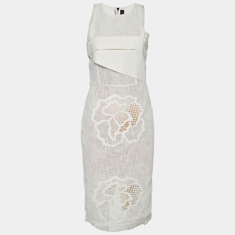Pre Owned Roland Mouret White Cotton Cutwork Detail Sleeveless Midi Dress M
