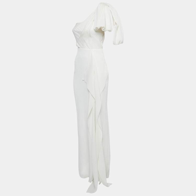 Pre Owned Roland Mouret Cream Silk Cloque One Shoulder Bow Belhaven Gown S