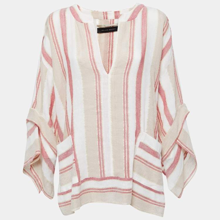 Pre Owned Roland Mouret White Striped Linen Blend Oversized Blouse M