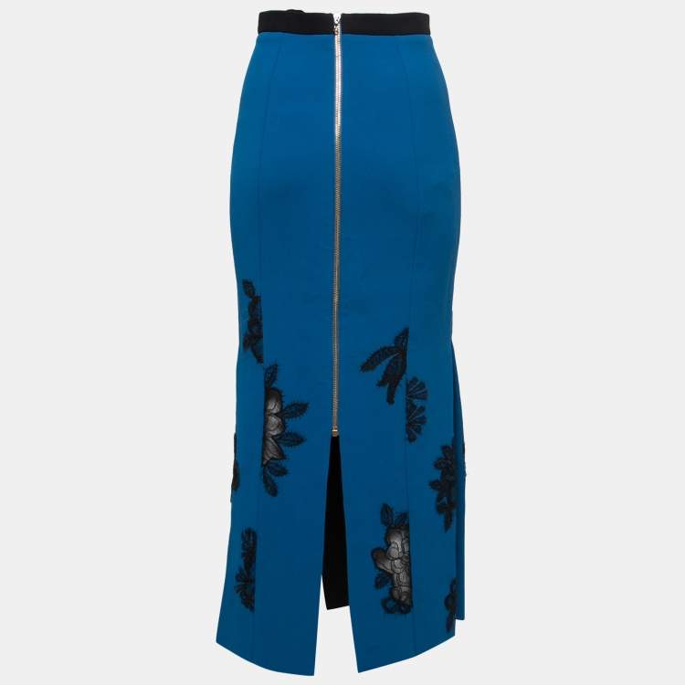 Pre Owned Roland Mouret Blue Crepe Floral Lace Embellished Midi Skirt M