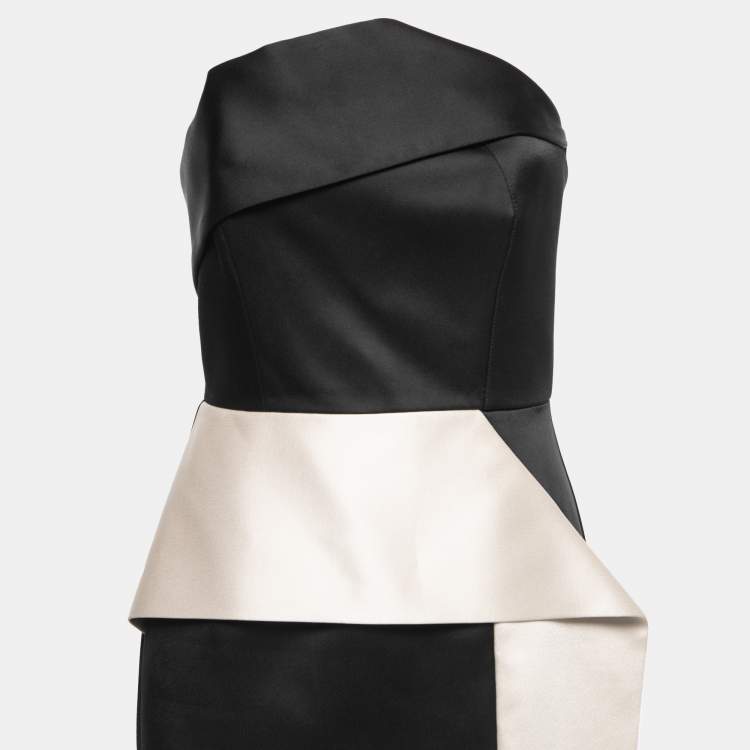 Pre Owned Roland Mouret Black/Cream Duchess Satin Peplum Draped Ruffle Detail Strapless Gown M