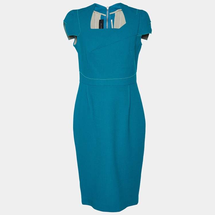 Pre Owned Roland Mouret Peacock Green Wool Crepe Draped Midi Dress L