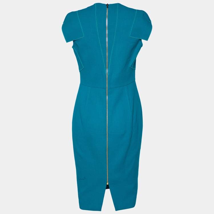 Pre Owned Roland Mouret Peacock Green Wool Crepe Draped Midi Dress L