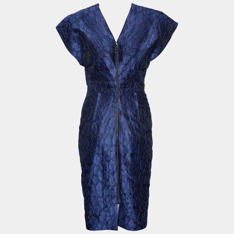 Pre Owned Roland Mouret Navy Blue Mirah Jacquard Cotton Silk Midi Dress S