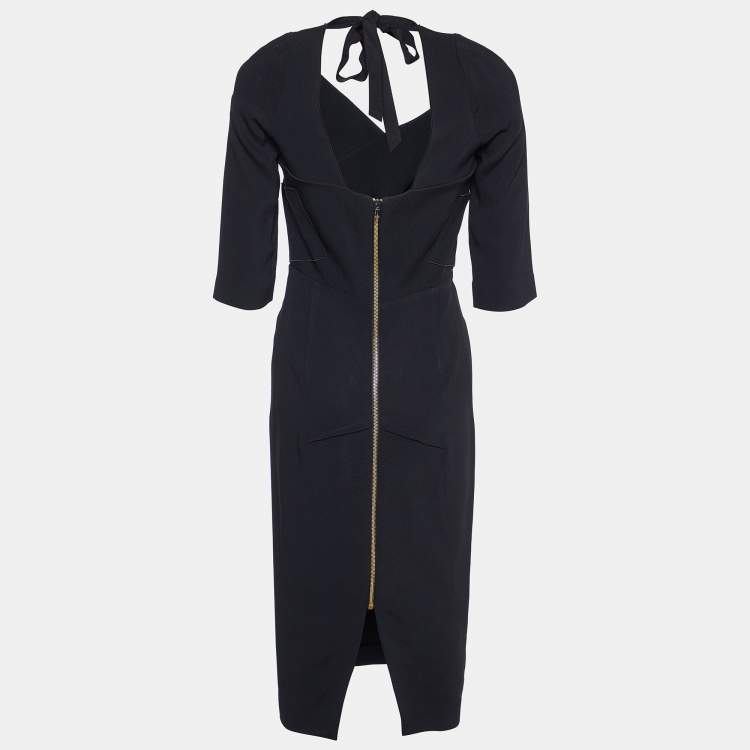 Pre Owned Roland Mouret Black Crepe Paneled Tie Detail Midi Dress M