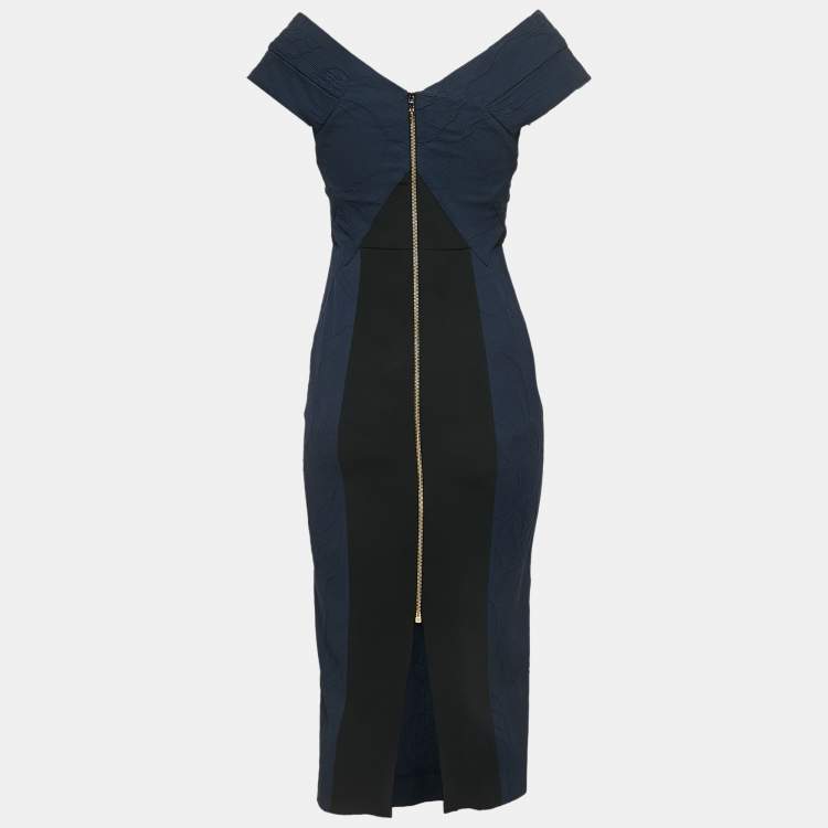Pre Owned Roland Mouret Navy Blue Jacquard V-Neck Midi Dress S