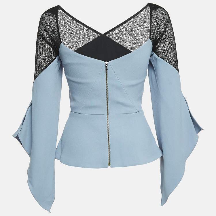 Pre Owned Roland Mouret Blue Crepe Lace Trimmed Flare Sleeve Top S