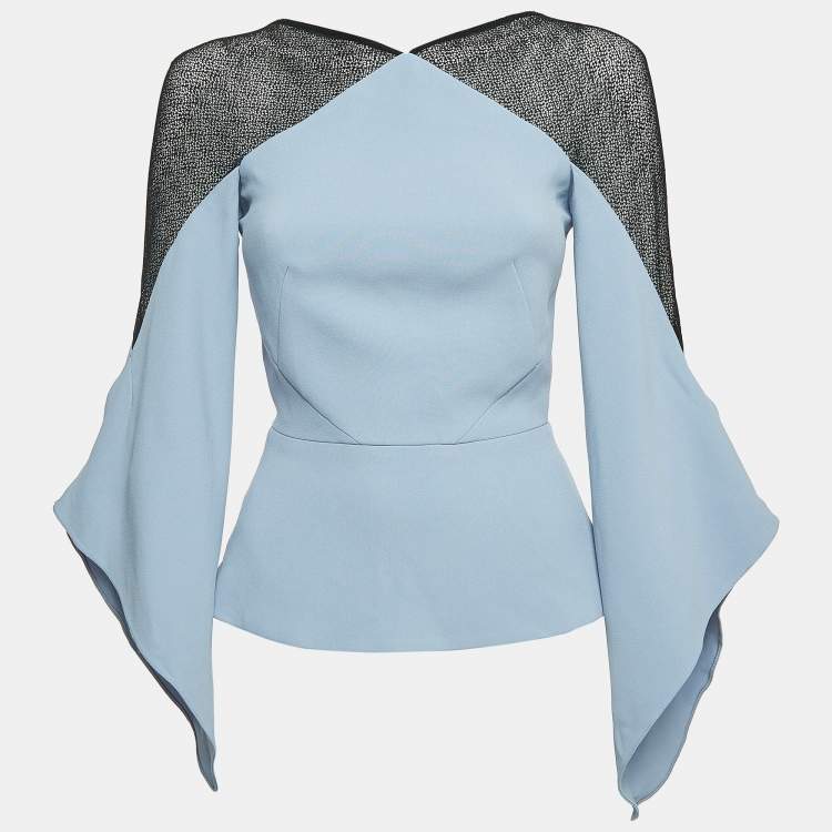 Pre Owned Roland Mouret Blue Crepe Lace Trimmed Flare Sleeve Top S