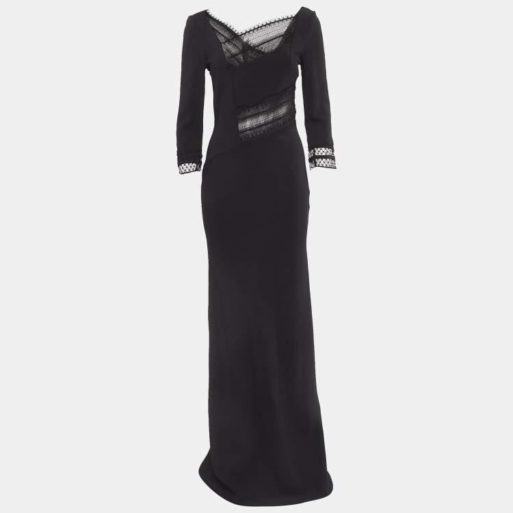 Pre Owned Roland Mouret Black Lace Trim Crepe Long Sleeve Maxi Dress M