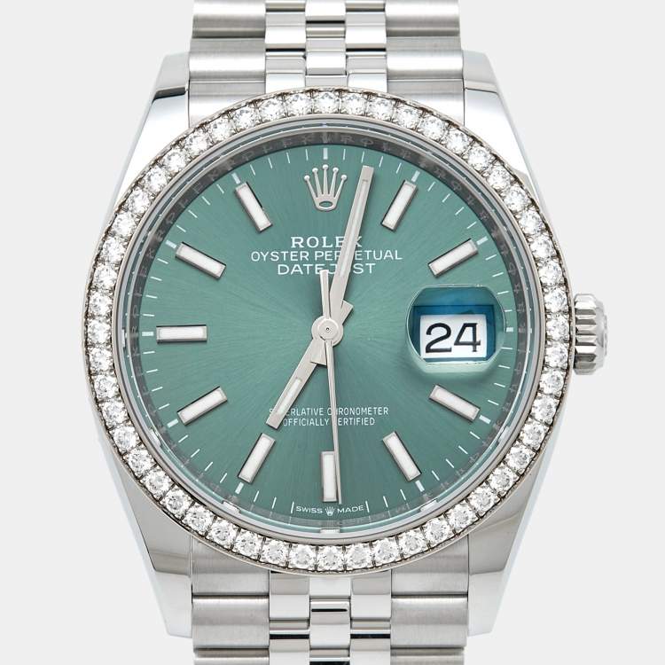 Pre Owned Rolex Green 18K White Gold Diamond Oystersteel Datejust 126284RBR Unisex Wristwatch 36 mm