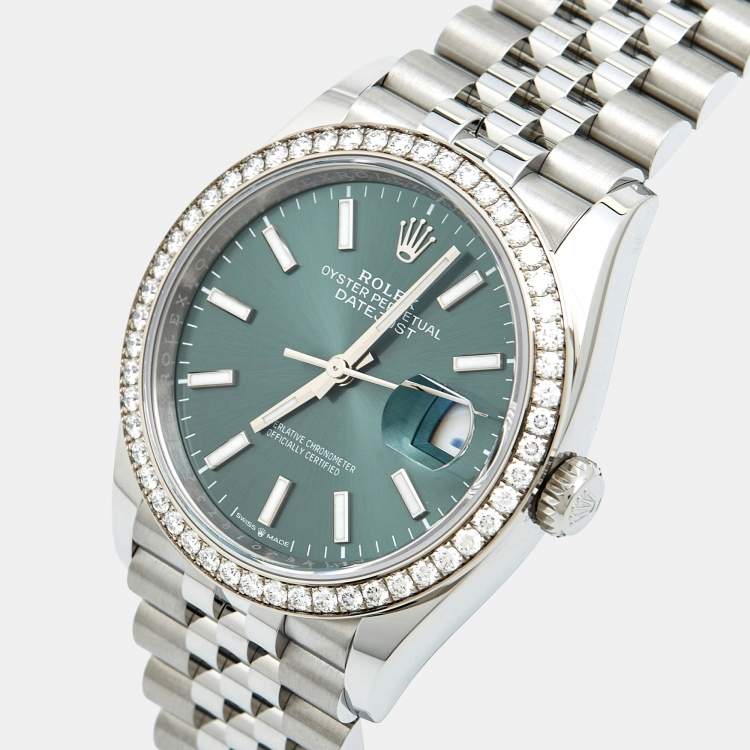 Pre Owned Rolex Green 18K White Gold Diamond Oystersteel Datejust 126284RBR Unisex Wristwatch 36 mm