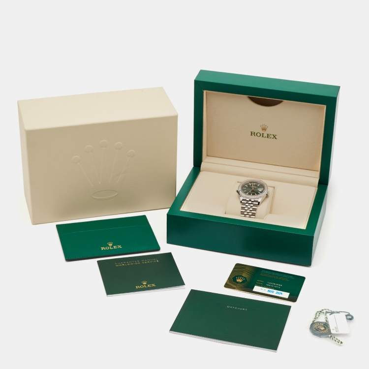 Pre Owned Rolex Green 18K White Gold Diamond Oystersteel Datejust 126284RBR Unisex Wristwatch 36 mm