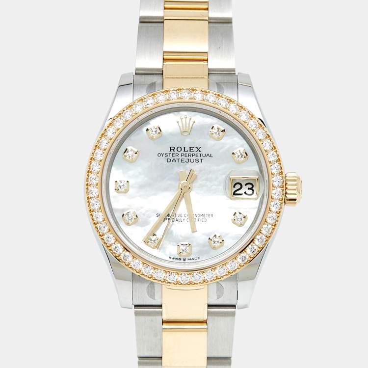 Pre Owned Rolex Mother Of Pearl Diamond 18K Yellow Gold Oystersteel M278383RBR-0027 Datejust Women's Wristwatch 31 mm