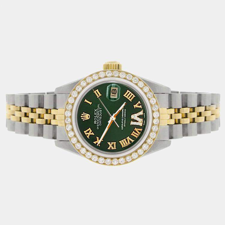 Pre Owned Rolex Custom Dark Green  18K Yellow Gold Stainless Steel Datejust  Automatic Women's Wristwatch 26mm