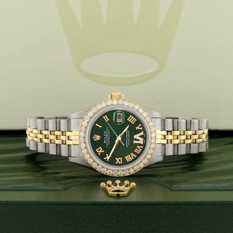 Pre Owned Rolex Custom Dark Green  18K Yellow Gold Stainless Steel Datejust  Automatic Women's Wristwatch 26mm