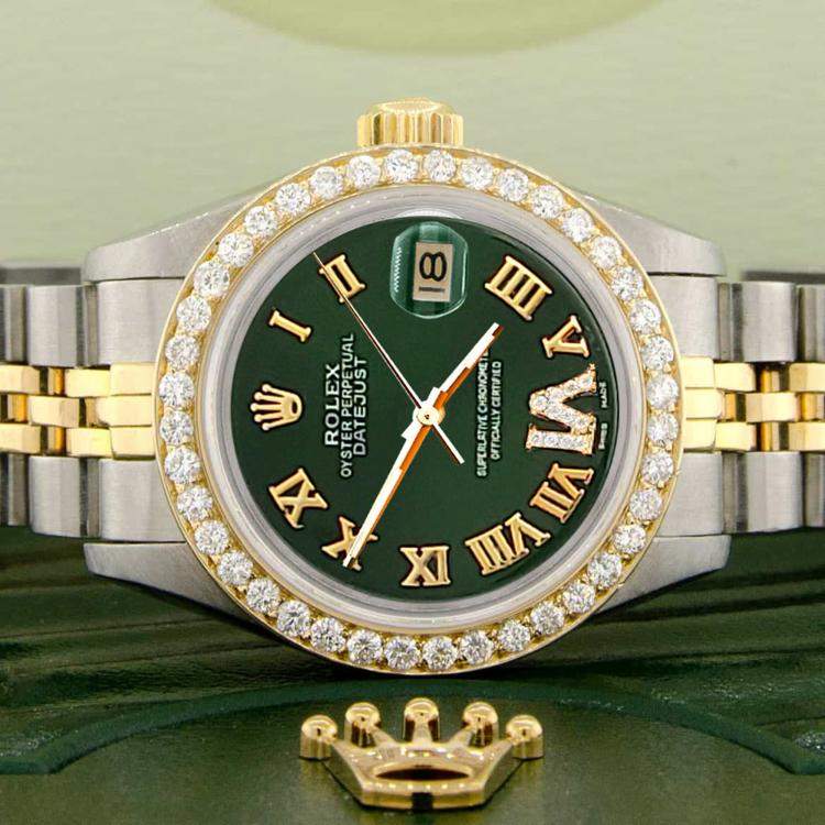 Pre Owned Rolex Custom Dark Green  18K Yellow Gold Stainless Steel Datejust  Automatic Women's Wristwatch 26mm