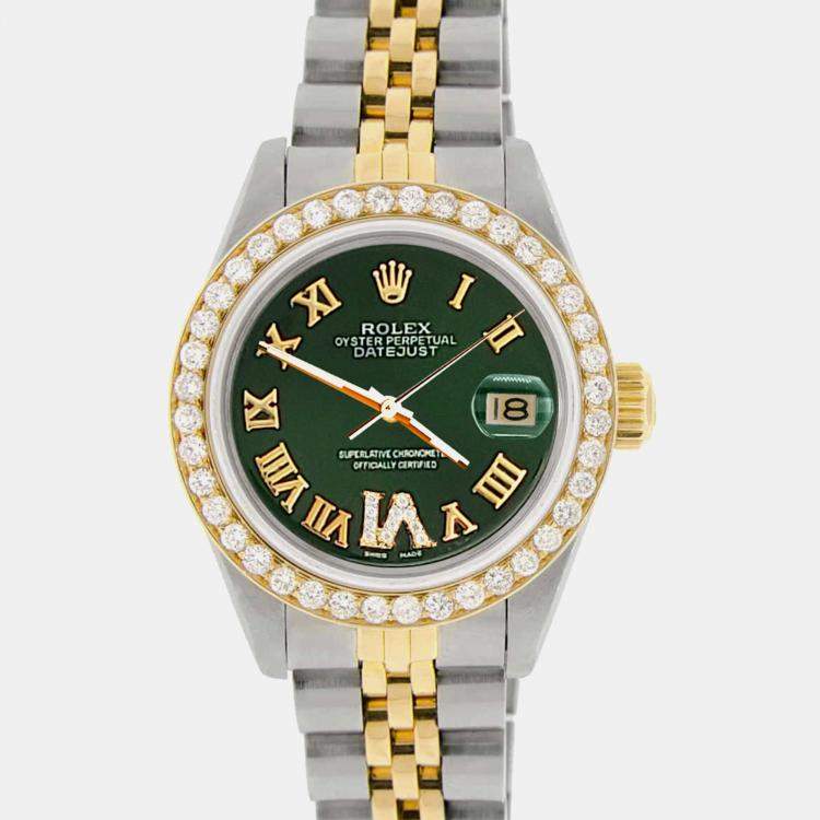 Pre Owned Rolex Custom Dark Green  18K Yellow Gold Stainless Steel Datejust  Automatic Women's Wristwatch 26mm