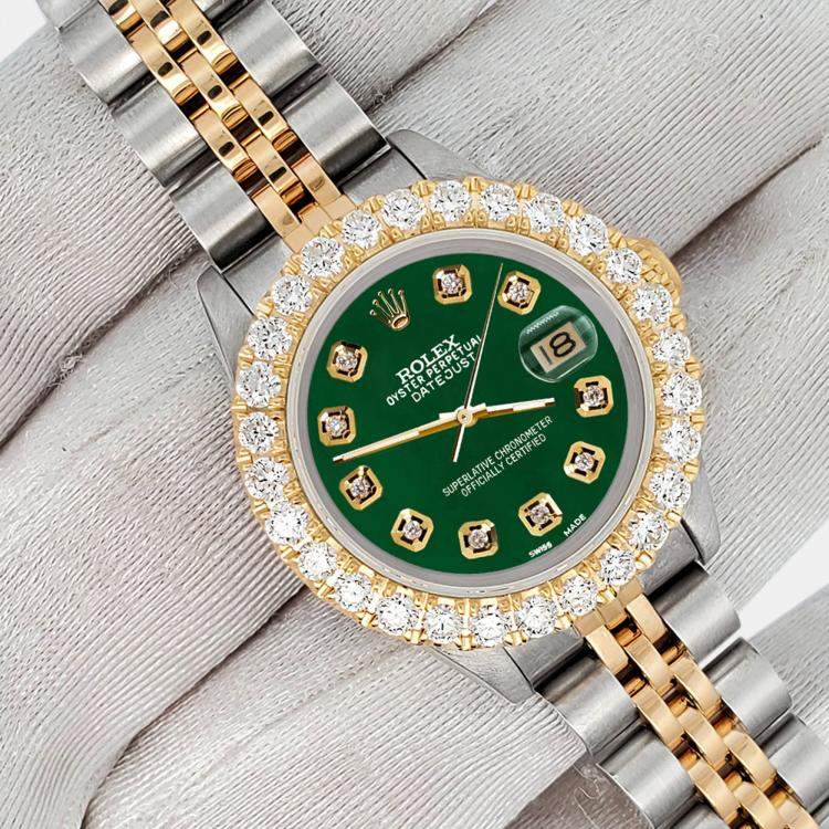 Pre Owned Rolex Custom Forest Green 1.96ct Diamonds 18K Yellow Gold Stainless Steel Datejust  Automatic Women's Wristwatch 26mm