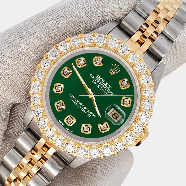 Pre Owned Rolex Custom Forest Green 1.96ct Diamonds 18K Yellow Gold Stainless Steel Datejust  Automatic Women's Wristwatch 26mm