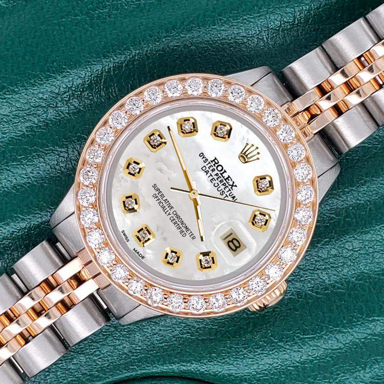 Pre Owned Rolex Custom White 1.3ct Diamonds 18K Yellow Gold Stainless Steel Datejust  Automatic Women's Wristwatch 26mm