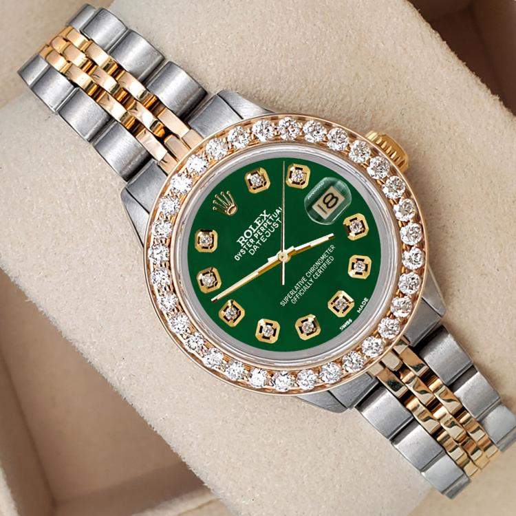 Pre Owned Rolex Custom Forest Green 1.3ct Diamonds 18K Yellow Gold Stainless Steel Datejust  Automatic Women's Wristwatch 26mm