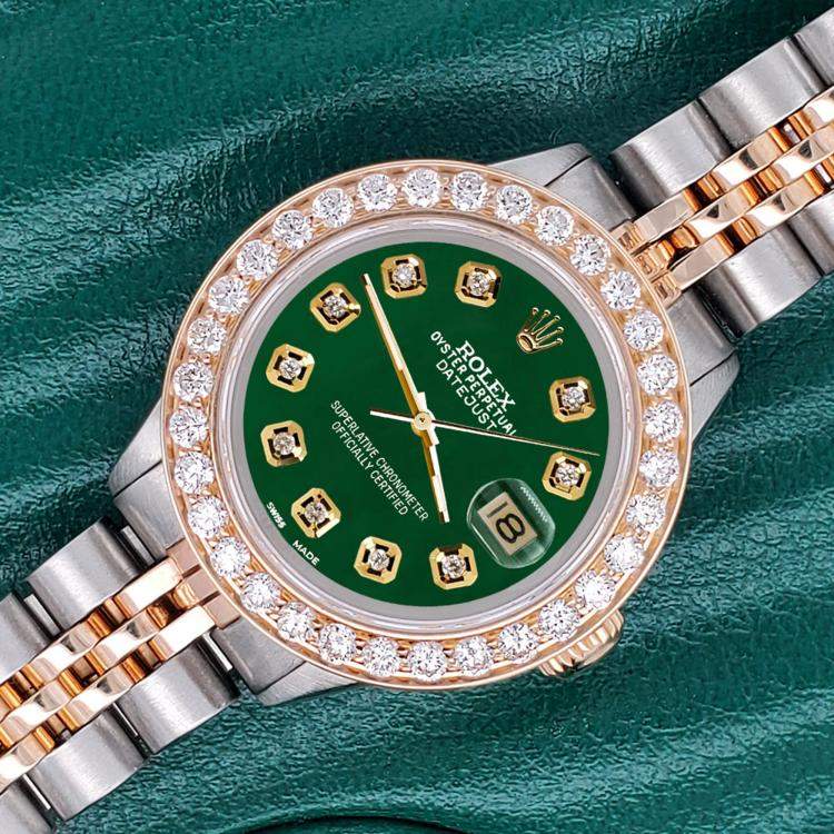 Pre Owned Rolex Custom Forest Green 1.3ct Diamonds 18K Yellow Gold Stainless Steel Datejust  Automatic Women's Wristwatch 26mm