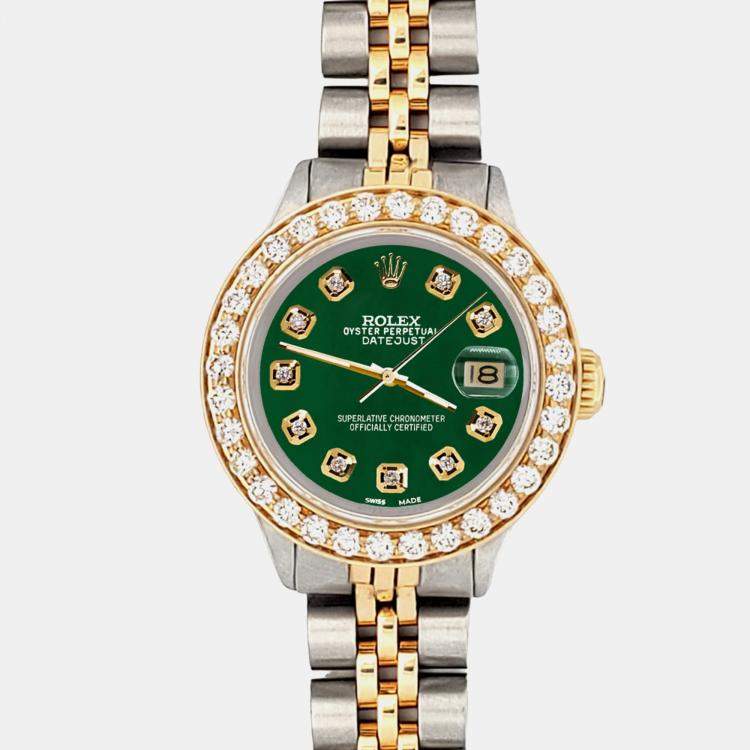 Pre Owned Rolex Custom Forest Green 1.3ct Diamonds 18K Yellow Gold Stainless Steel Datejust  Automatic Women's Wristwatch 26mm