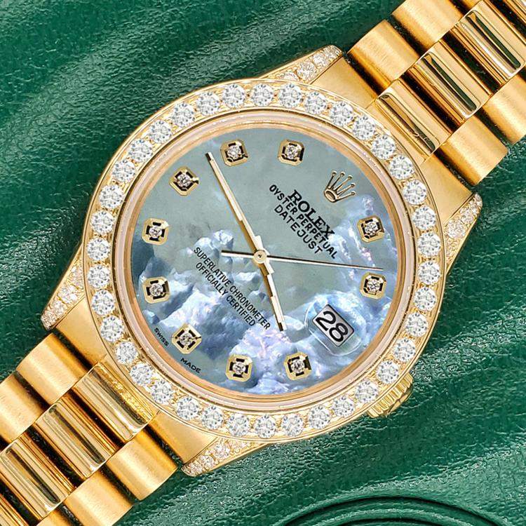 Pre Owned Rolex Custom Tahitian Blue 2.3ct Diamonds 18K Yellow Gold President Datejust  Automatic Women's Wristwatch 31mm