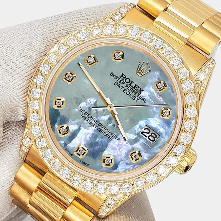 Pre Owned Rolex Custom Tahitian Blue 2.3ct Diamonds 18K Yellow Gold President Datejust  Automatic Women's Wristwatch 31mm