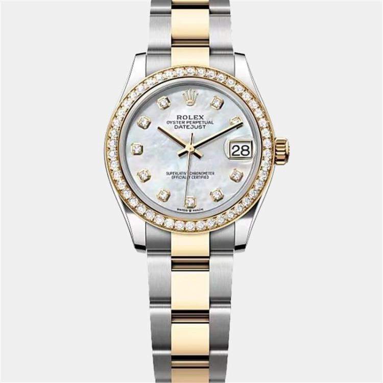 Pre Owned Rolex Mother Of Pearl Diamond 18K Yellow Gold Oystersteel M278383RBR-0027 Datejust Women's Wristwatch 31 mm