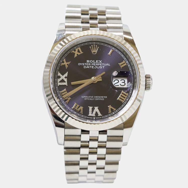 Pre Owned Rolex Datejust 126234-0021 Automatic Purple Diamond Stainless Steel Women’s Wristwatch 36 mm