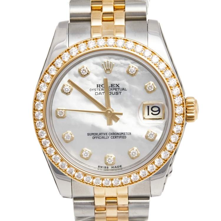 Pre Owned Rolex Mother of Pearl 18K Yellow Gold Stainless Steel Diamond Datejust 178383 Women's Wristwatch 31 mm