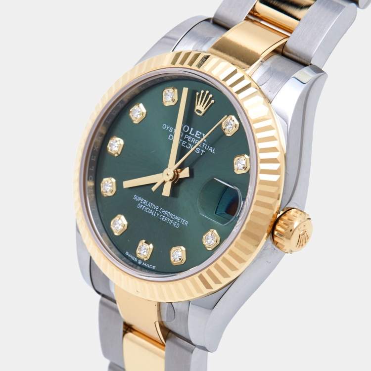 مملوكة مسبقًا Rolex Olive Green Diamond 18k Yellow Gold Oystersteel Datejust 278273 Women's Wristwatch 31 mm