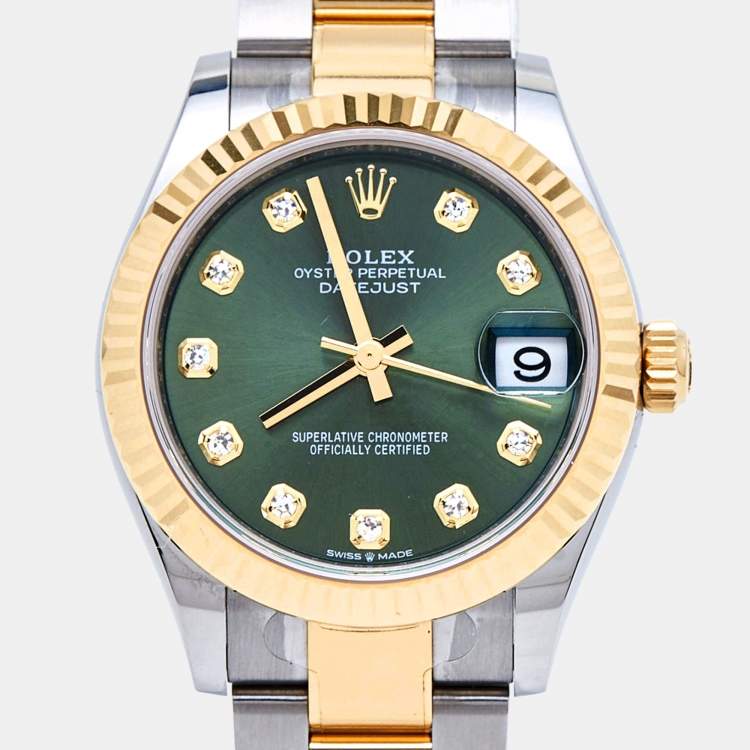 مملوكة مسبقًا Rolex Olive Green Diamond 18k Yellow Gold Oystersteel Datejust 278273 Women's Wristwatch 31 mm